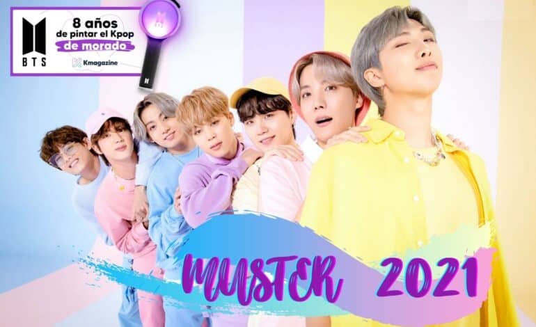 BTS con ropa en colores pastel. Texto dice MUSTER 2021.