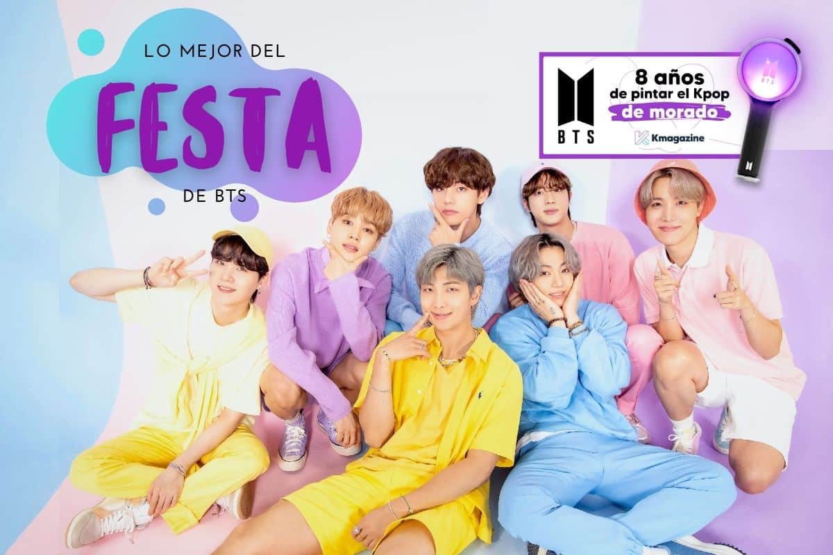 RM, Suga, Jin, J-Hope, Jimin, V y Jungkook, de BTS, usando colores pastel. Leyenda dice "Lo mejor del FESTA" y tiene el logo por su octavo aniversario.
